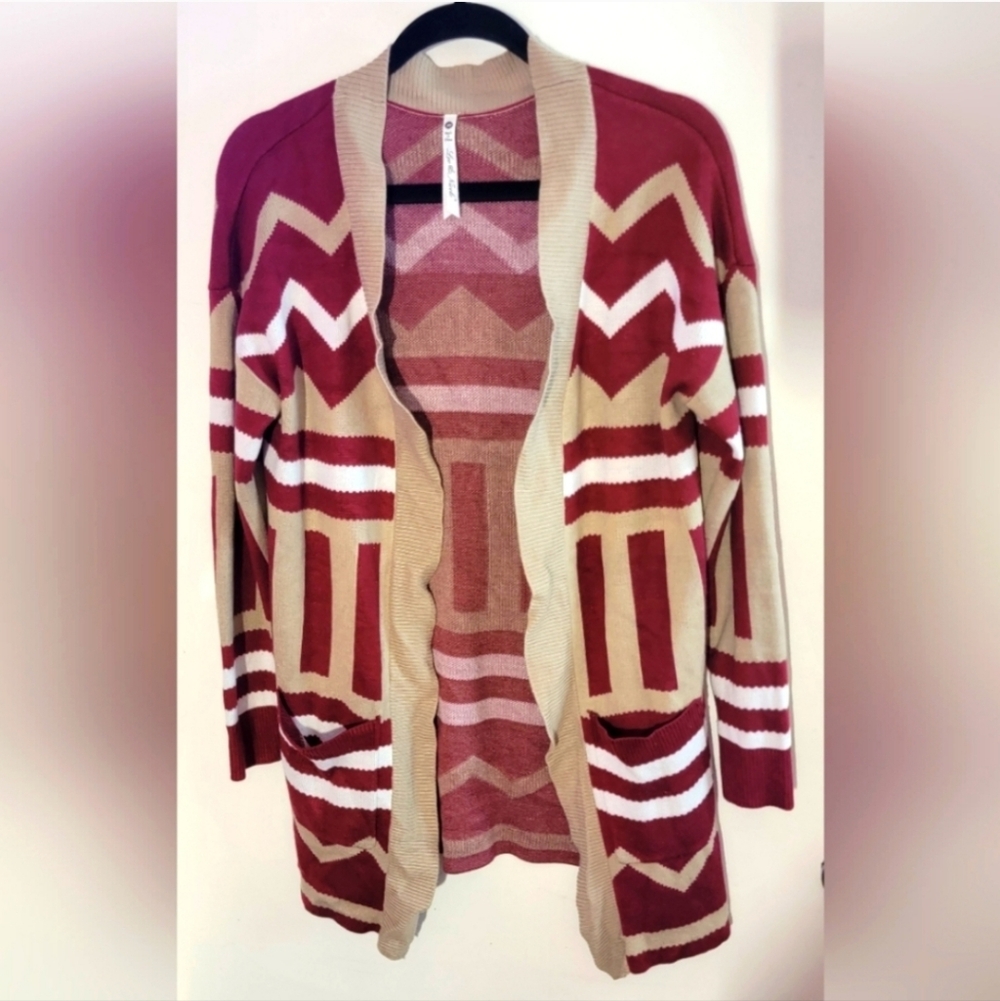 Leo & Nicole Maroon and Beige Geometric Cardigan